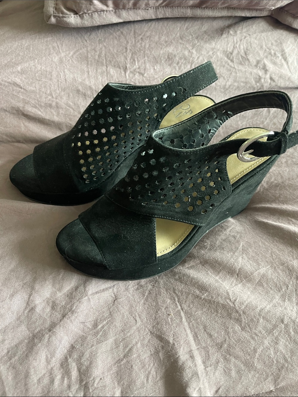 New York & Company Black Suede Perforated Peep-Toe Wedges